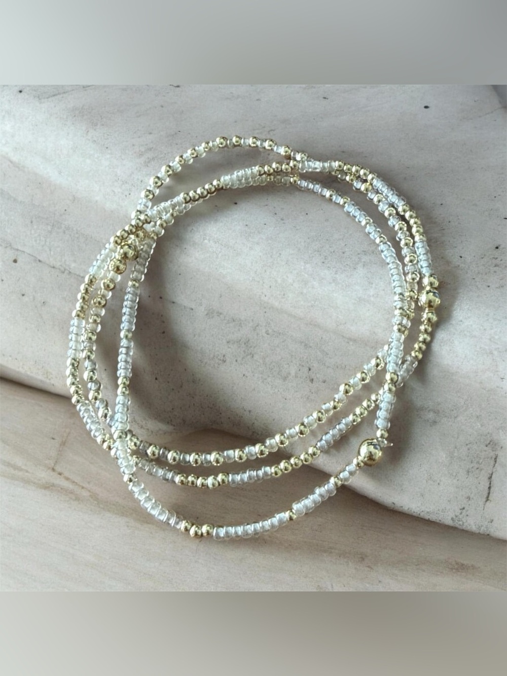 14K Gold Filled & Cream/Light Beige Seed Bead Stretch Bracelet Set Handmade